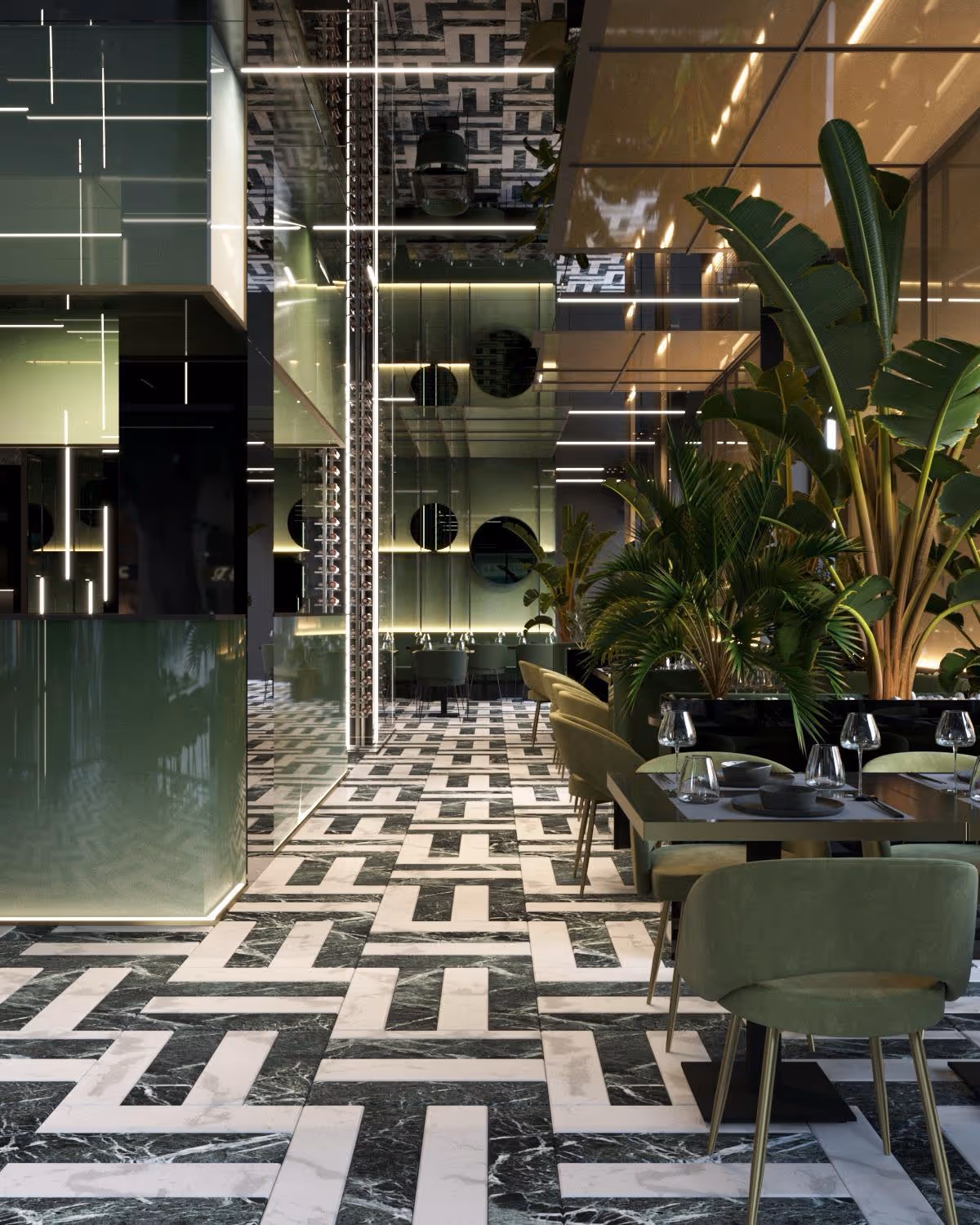 Modern restaurant interior with geometric patterned marble flooring, green chairs, and large leafy plants under warm lighting.